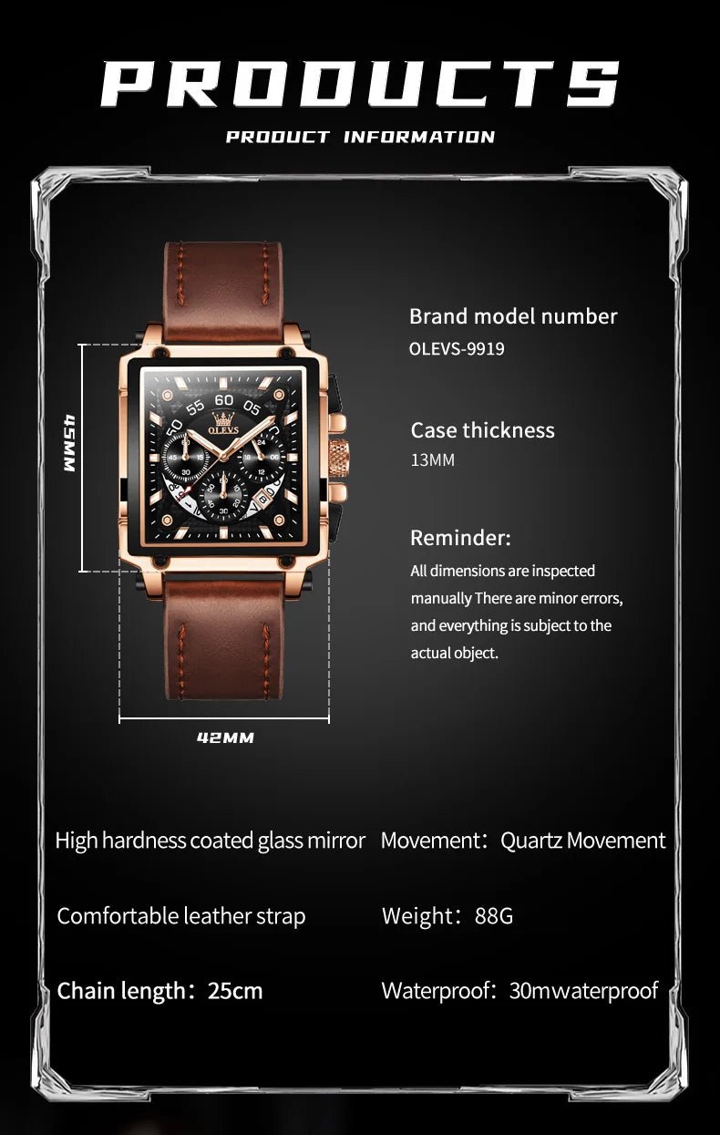 OLEVS 9919 hommes montre originale marque carré montre à Quartz étanche lumineux bracelet en cuir Sport horloge mâle montre pour hommes - Golden High-Tech