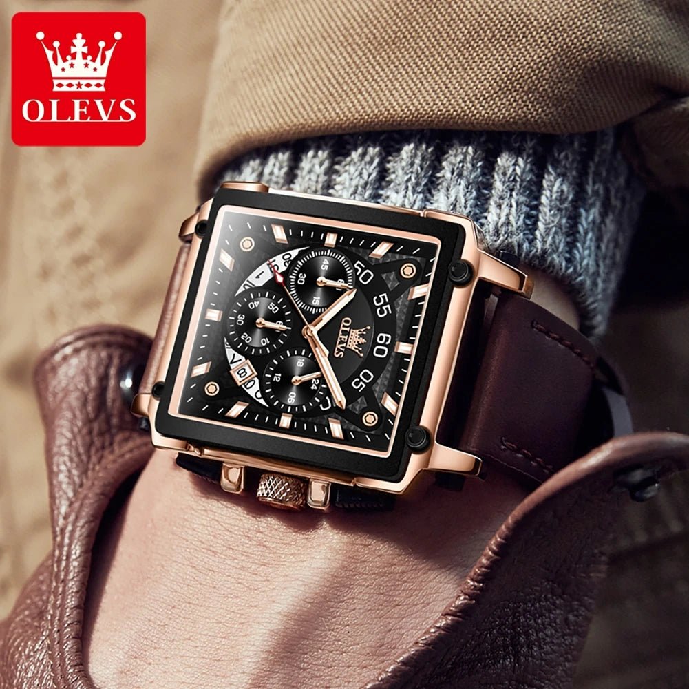 OLEVS 9919 hommes montre originale marque carré montre à Quartz étanche lumineux bracelet en cuir Sport horloge mâle montre pour hommes - Golden High-Tech