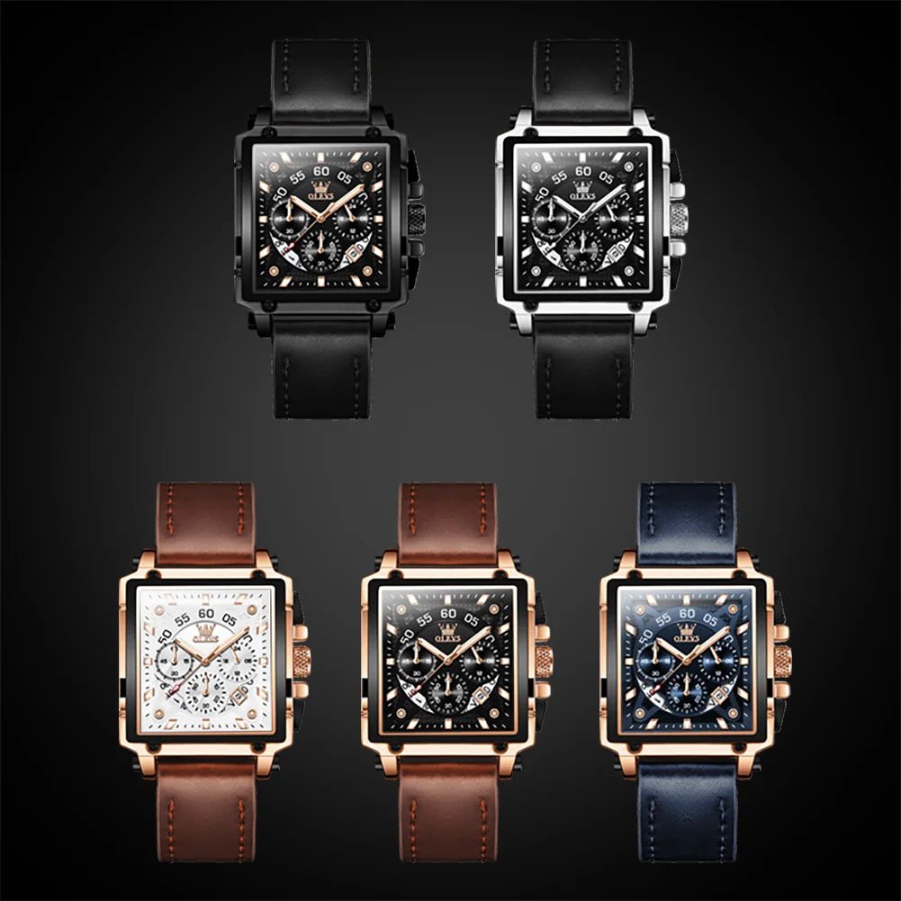 OLEVS 9919 hommes montre originale marque carré montre à Quartz étanche lumineux bracelet en cuir Sport horloge mâle montre pour hommes - Golden High-Tech