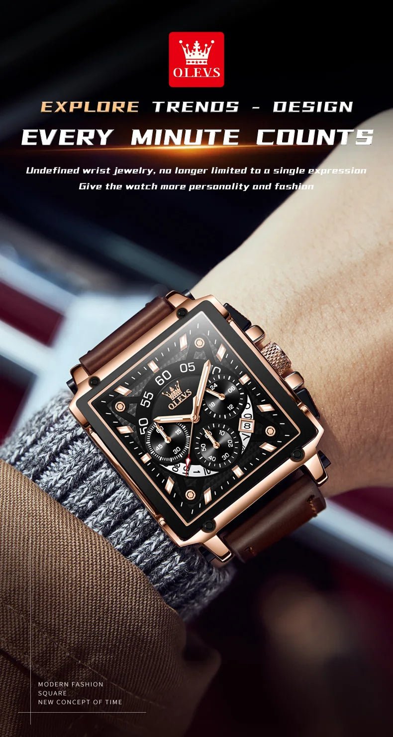 OLEVS 9919 hommes montre originale marque carré montre à Quartz étanche lumineux bracelet en cuir Sport horloge mâle montre pour hommes - Golden High-Tech