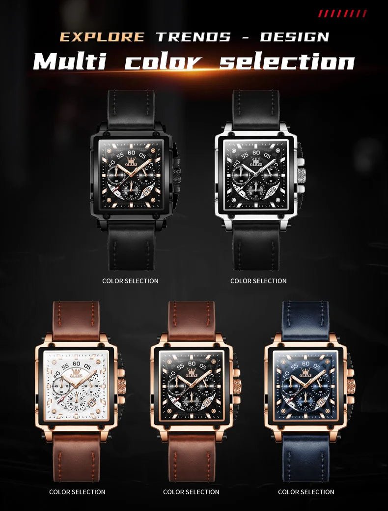 OLEVS 9919 hommes montre originale marque carré montre à Quartz étanche lumineux bracelet en cuir Sport horloge mâle montre pour hommes - Golden High-Tech