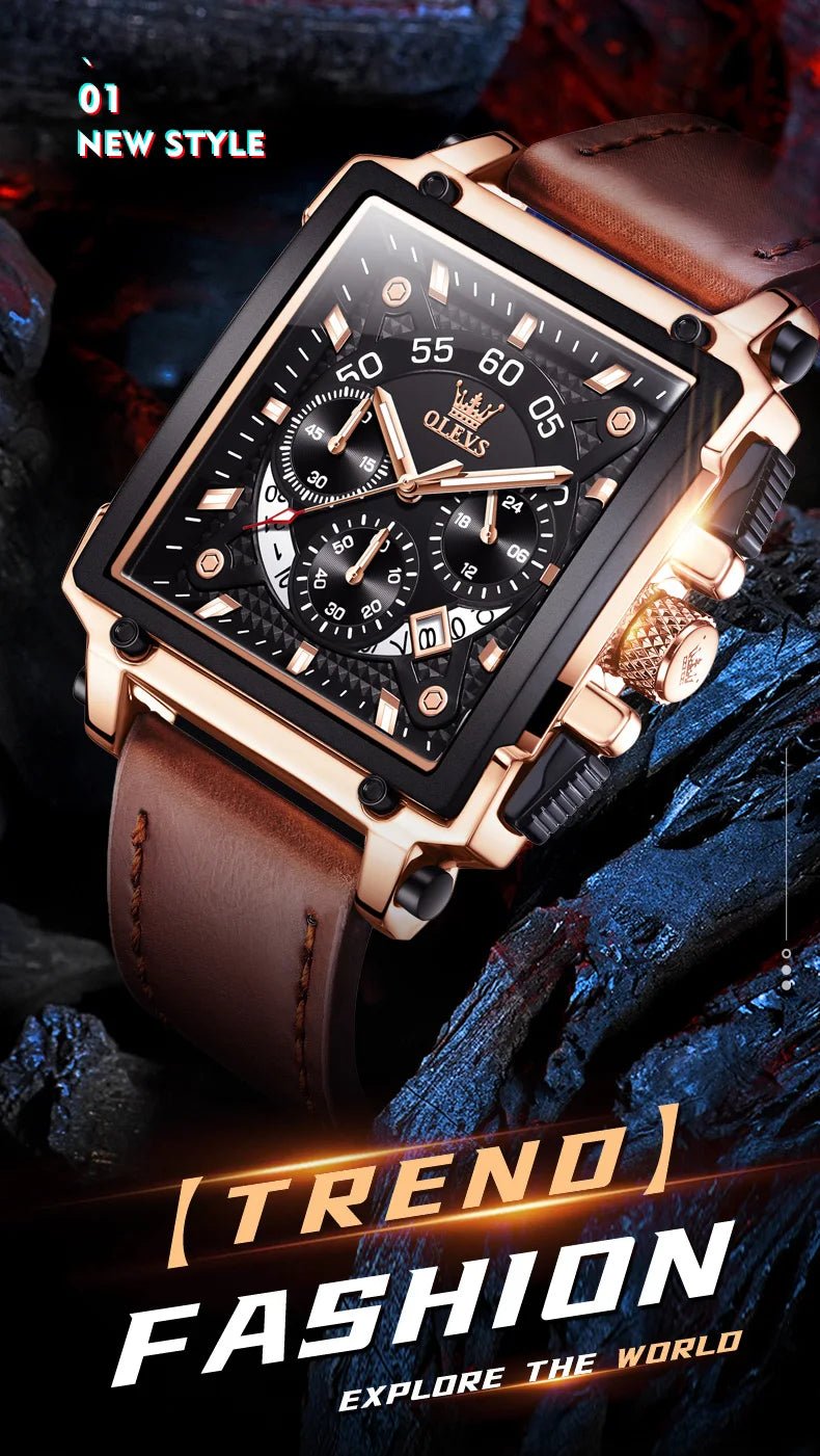 OLEVS 9919 hommes montre originale marque carré montre à Quartz étanche lumineux bracelet en cuir Sport horloge mâle montre pour hommes - Golden High-Tech