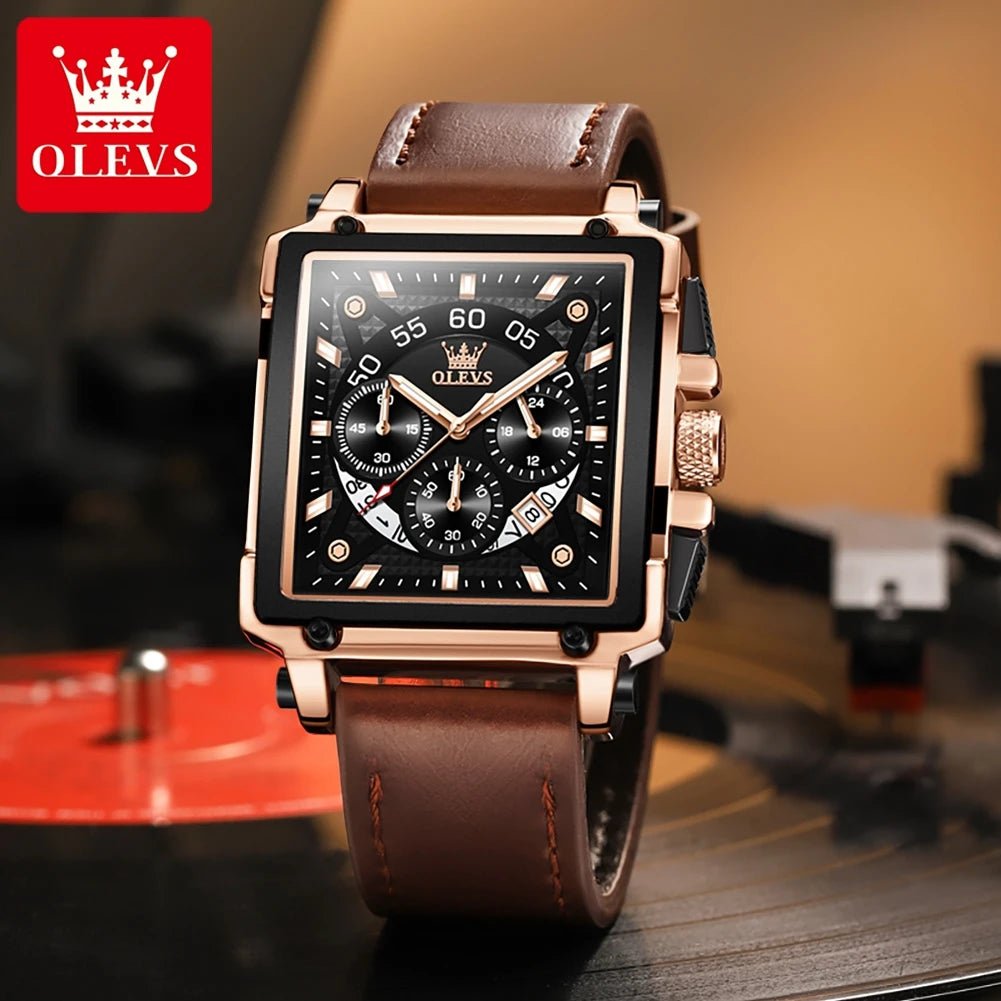 OLEVS 9919 hommes montre originale marque carré montre à Quartz étanche lumineux bracelet en cuir Sport horloge mâle montre pour hommes - Golden High-Tech