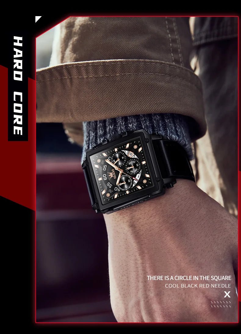 OLEVS 9919 hommes montre originale marque carré montre à Quartz étanche lumineux bracelet en cuir Sport horloge mâle montre pour hommes - Golden High-Tech