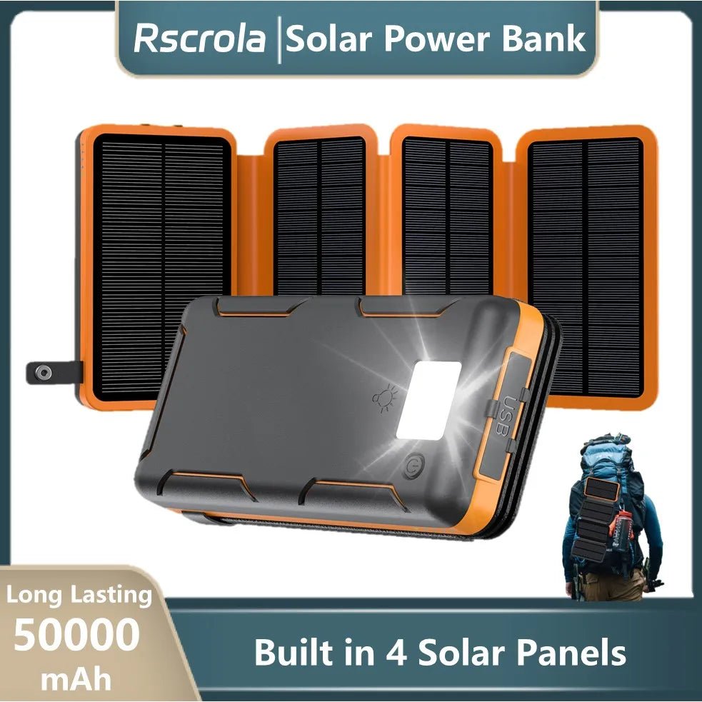 Portable Solar Power Bank,50000mAh External Solar Power Supply,Compatible with IOS Android USB-A And USB-C Charging Outdoor Camp - Golden High-Tech