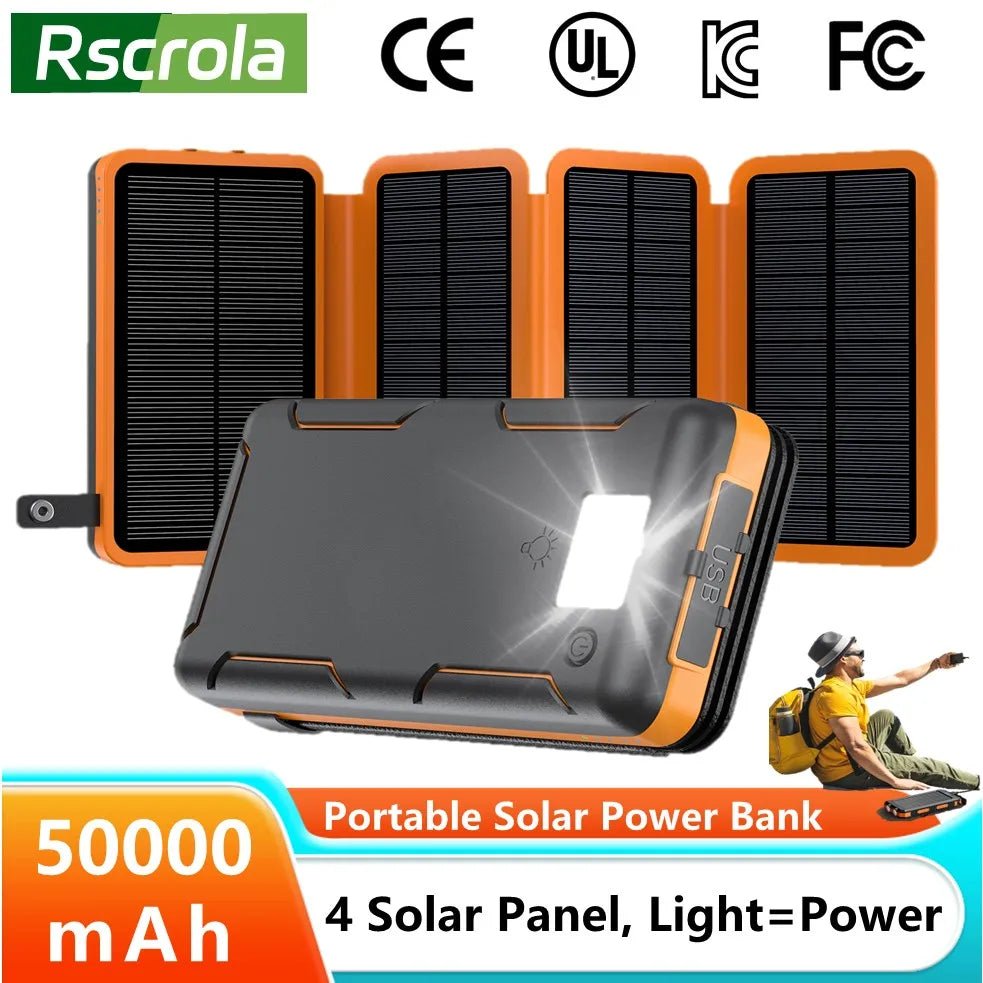 Portable Solar Power Bank,50000mAh External Solar Power Supply,Compatible with IOS Android USB-A And USB-C Charging Outdoor Camp - Golden High-Tech