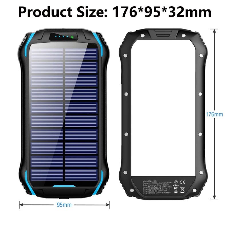 Solar Power Bank 26800mAh Waterproof Portable Solar Panel Fast Charger Powerbank External Battery Power Bank with Camping Light - Golden High-Tech