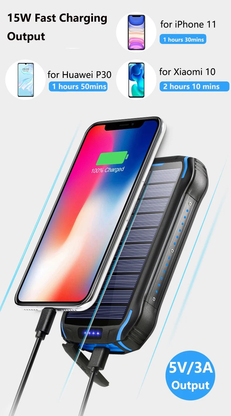 Solar Power Bank 26800mAh Waterproof Portable Solar Panel Fast Charger Powerbank External Battery Power Bank with Camping Light - Golden High-Tech