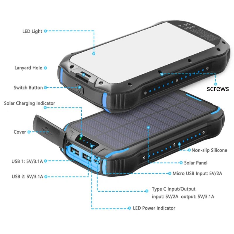 Solar Power Bank 26800mAh Waterproof Portable Solar Panel Fast Charger Powerbank External Battery Power Bank with Camping Light - Golden High-Tech