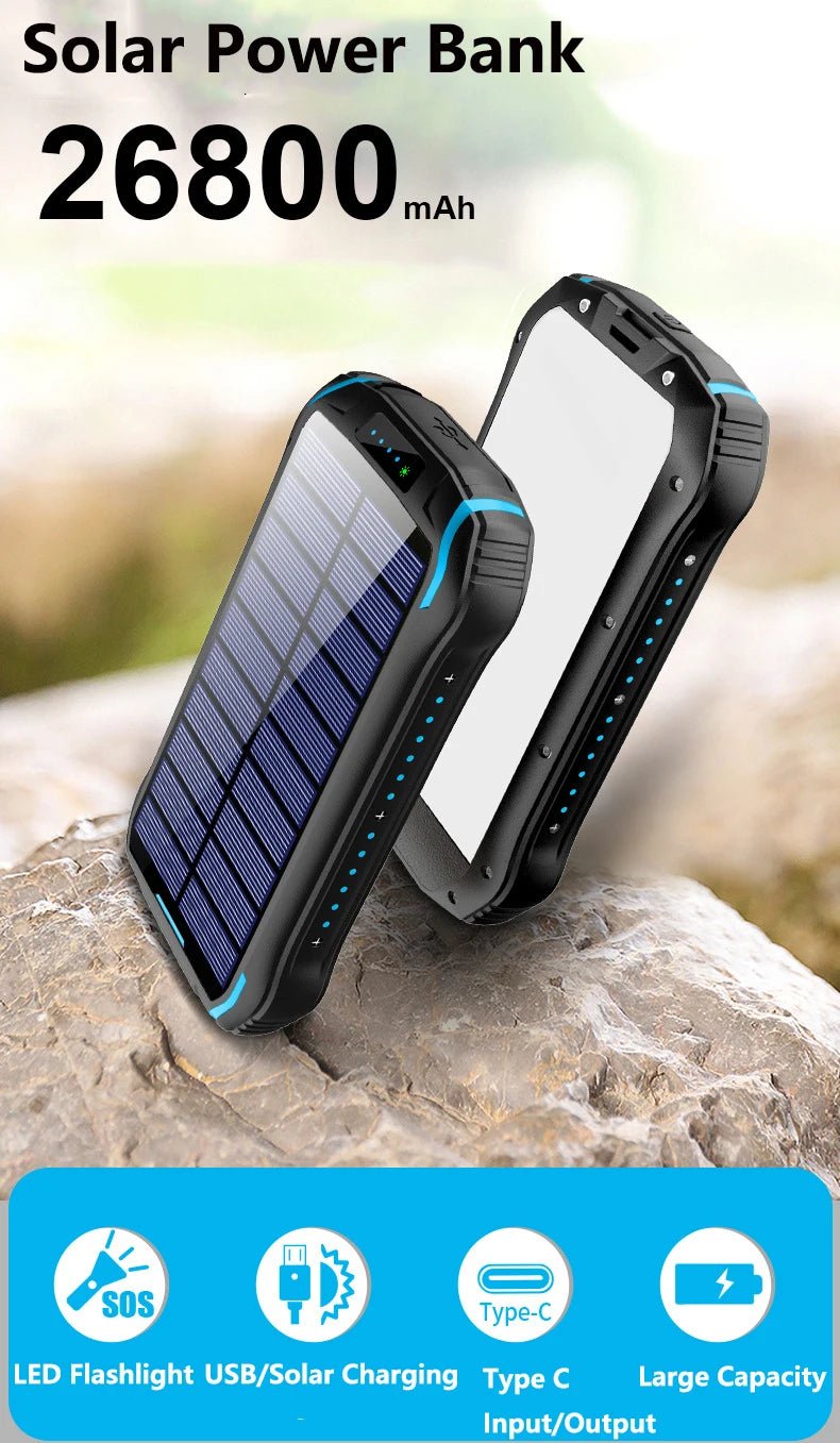 Solar Power Bank 26800mAh Waterproof Portable Solar Panel Fast Charger Powerbank External Battery Power Bank with Camping Light - Golden High-Tech