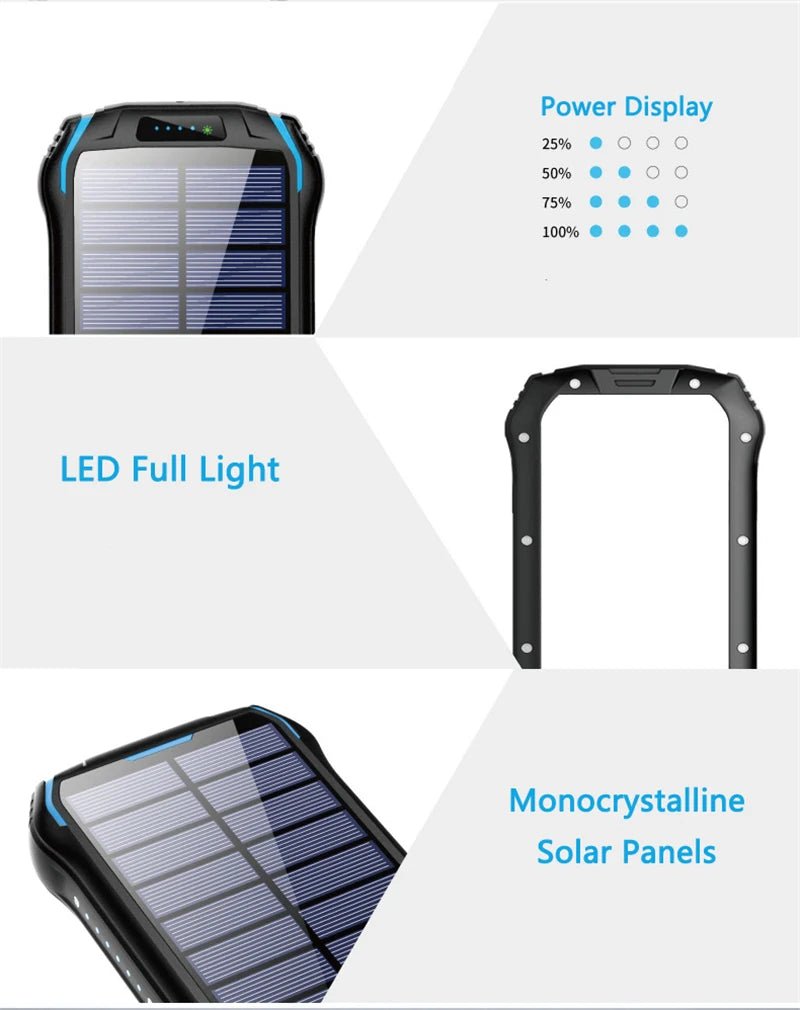 Solar Power Bank 26800mAh Waterproof Portable Solar Panel Fast Charger Powerbank External Battery Power Bank with Camping Light - Golden High-Tech