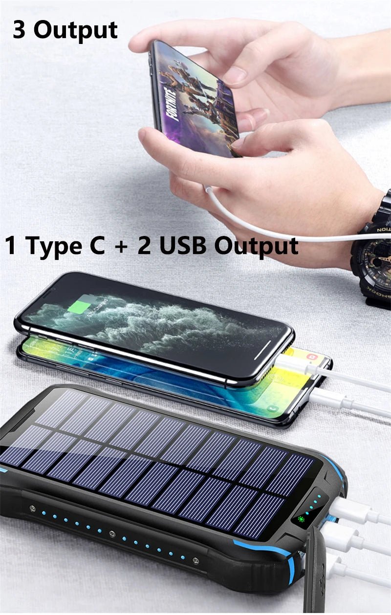 Solar Power Bank 26800mAh Waterproof Portable Solar Panel Fast Charger Powerbank External Battery Power Bank with Camping Light - Golden High-Tech