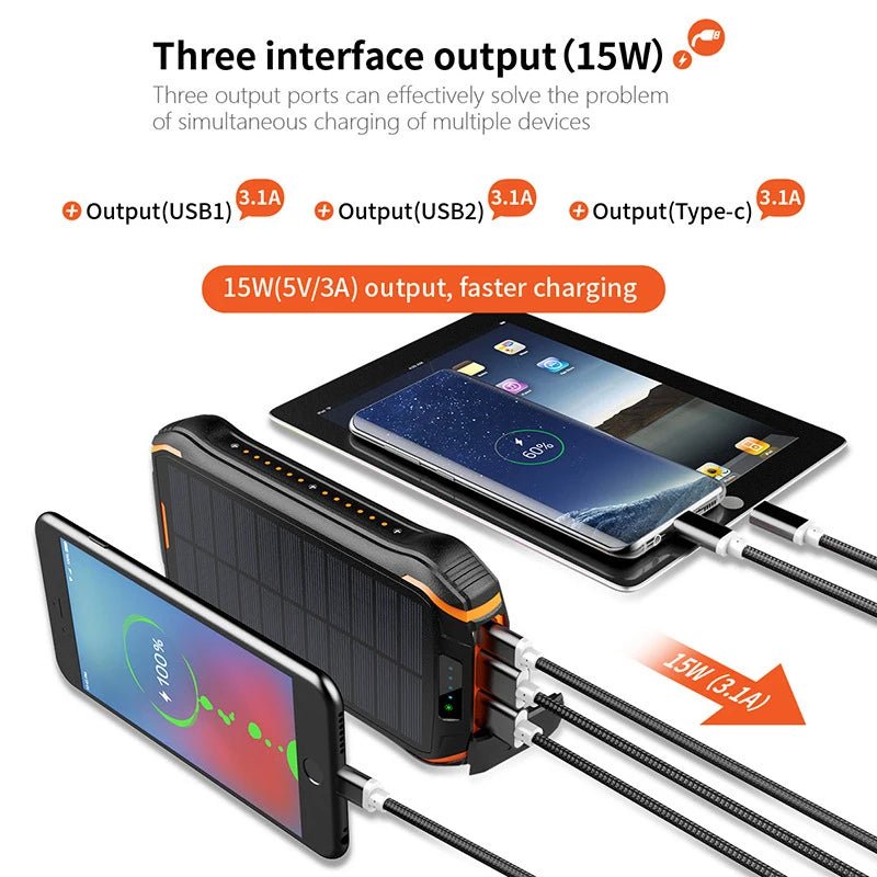 Solar Power Bank 26800mAh Waterproof Portable Solar Panel Fast Charger Powerbank External Battery Power Bank with Camping Light - Golden High-Tech