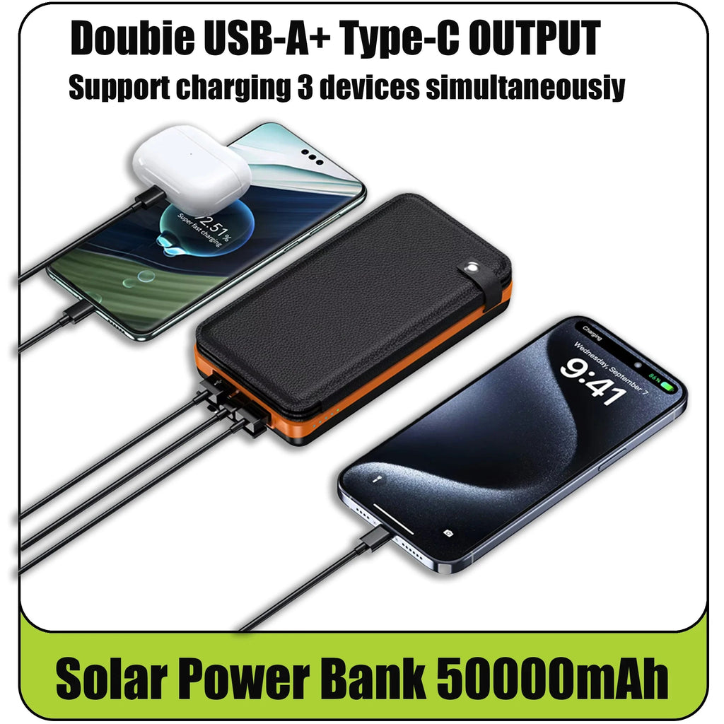 Solar Power Bank 50000mAH Folding Solar Panels 5V 2A USB Output Portable Outdoor Camping Sun Power For IPhone Android - Golden High-Tech
