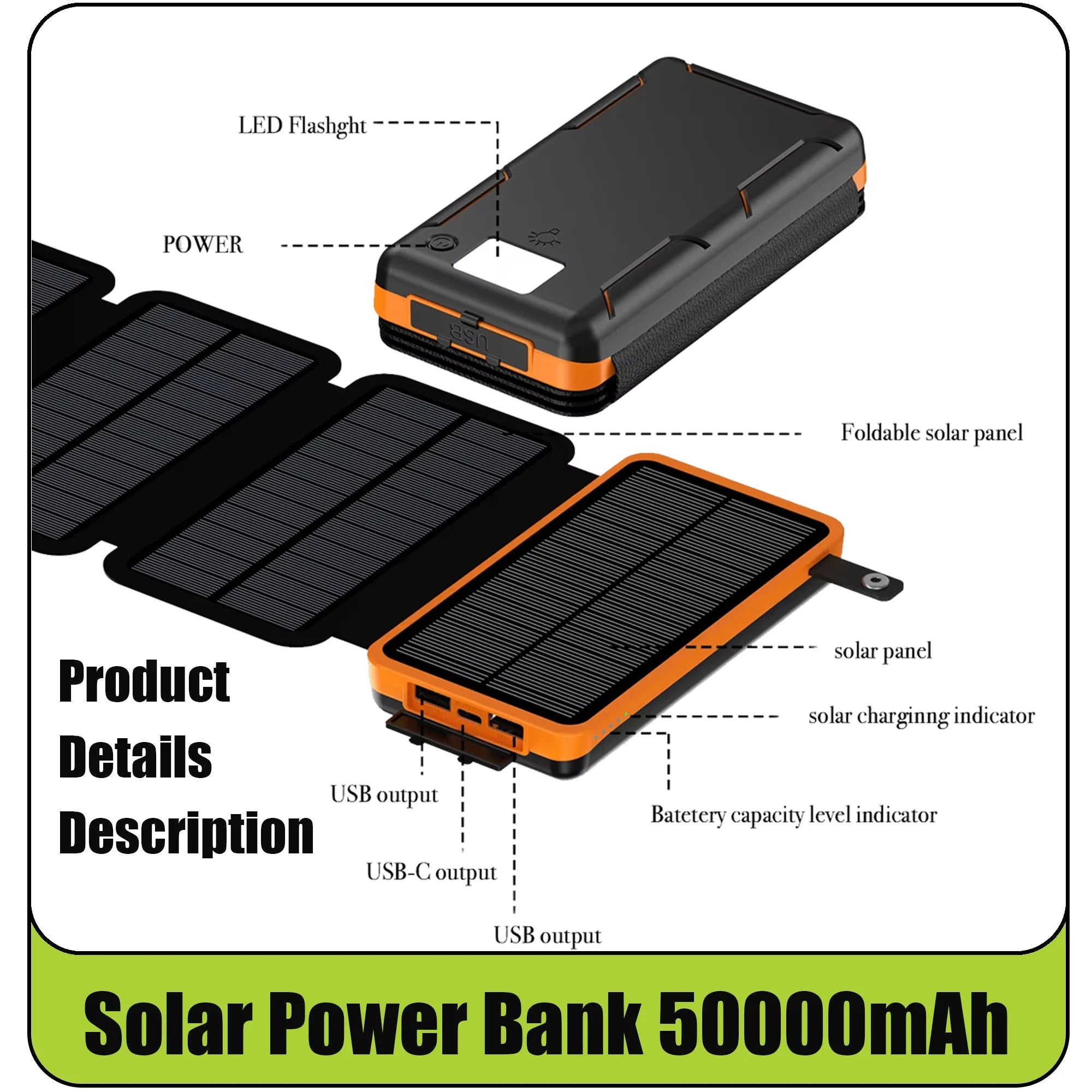 Solar Power Bank 50000mAH Folding Solar Panels 5V 2A USB Output Portable Outdoor Camping Sun Power For IPhone Android - Golden High-Tech