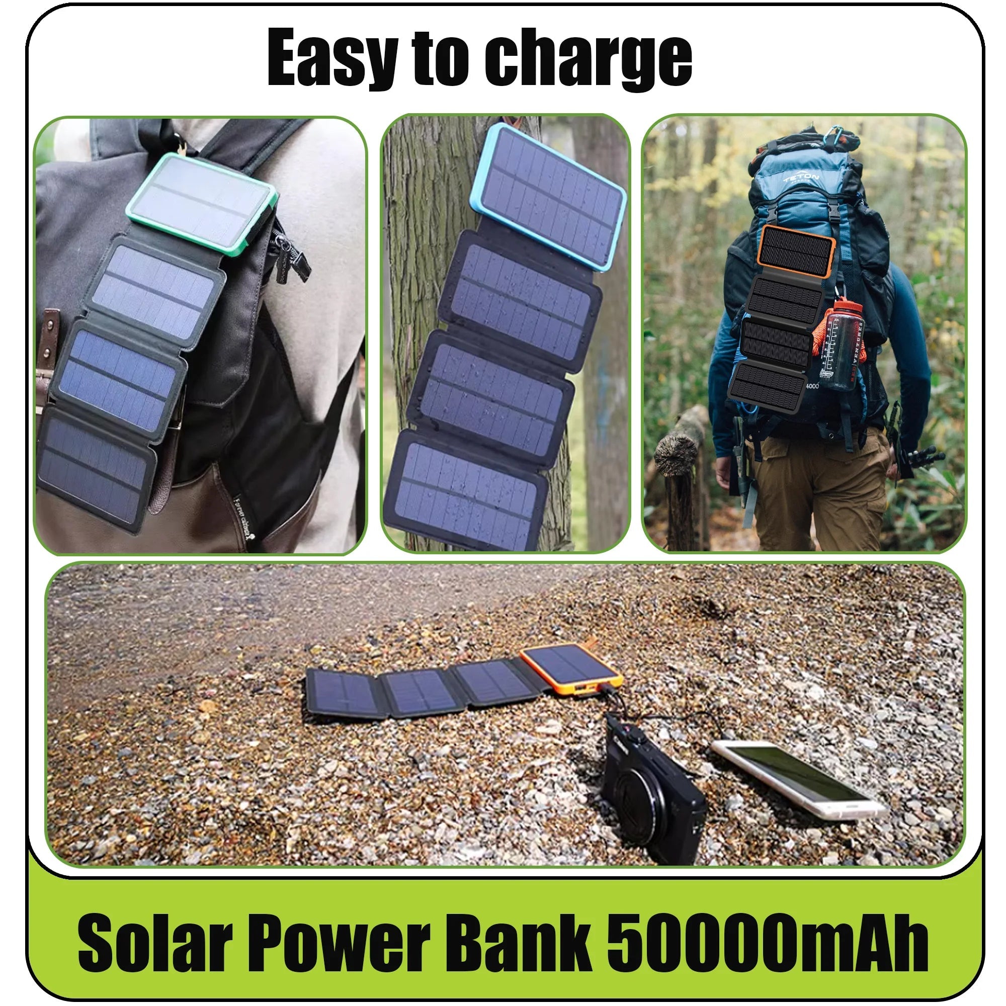 Solar Power Bank 50000mAH Folding Solar Panels 5V 2A USB Output Portable Outdoor Camping Sun Power For IPhone Android - Golden High-Tech