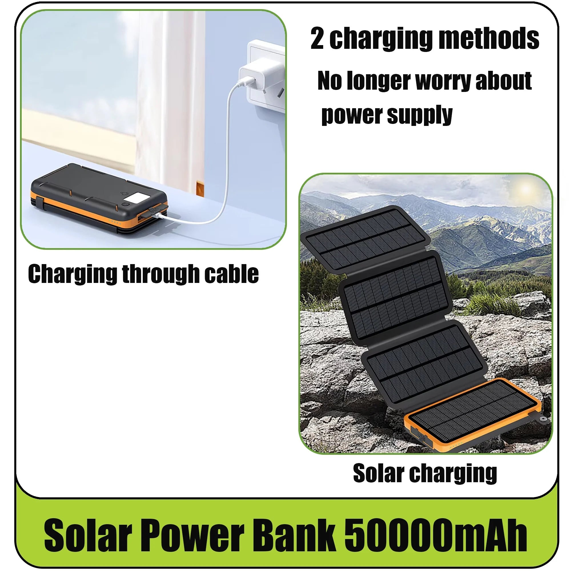 Solar Power Bank 50000mAH Folding Solar Panels 5V 2A USB Output Portable Outdoor Camping Sun Power For IPhone Android - Golden High-Tech