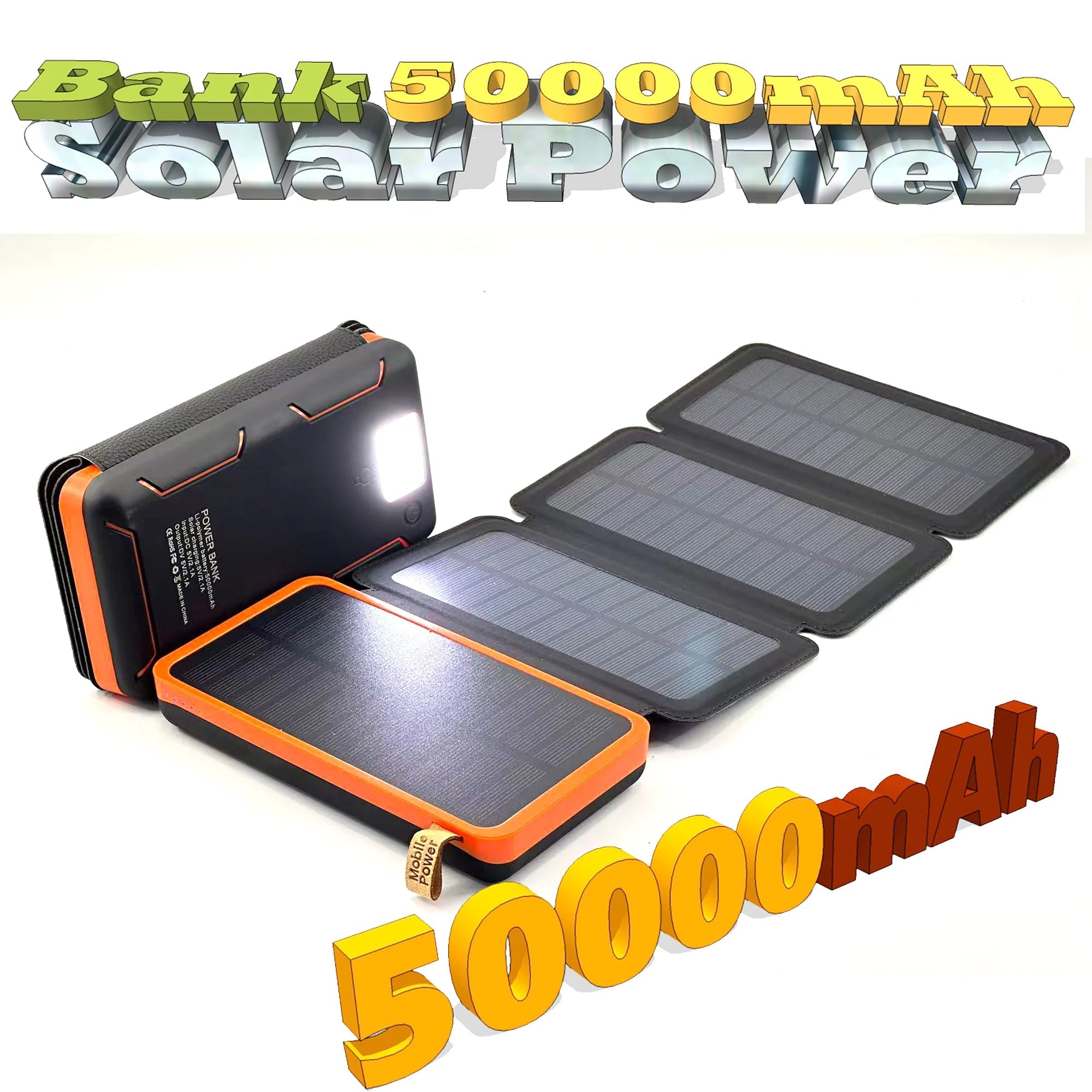 Solar Power Bank 50000mAH Folding Solar Panels 5V 2A USB Output Portable Outdoor Camping Sun Power For IPhone Android - Golden High-Tech