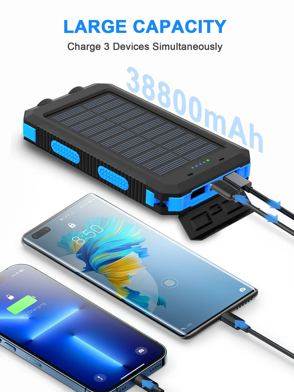 Solar power bank 50000mAh with built-in cable, lightweight and large capacity universal mobile power supply for mobile phones - Golden High-Tech
