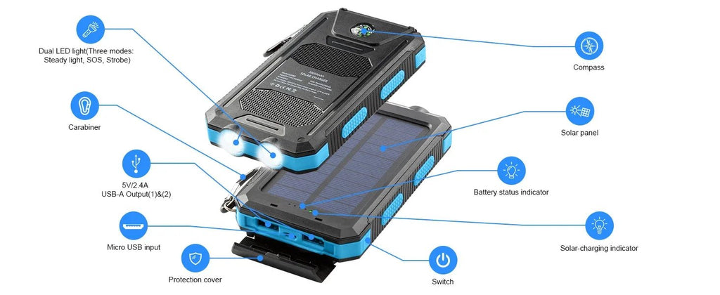 Solar power bank 50000mAh with built-in cable, lightweight and large capacity universal mobile power supply for mobile phones - Golden High-Tech