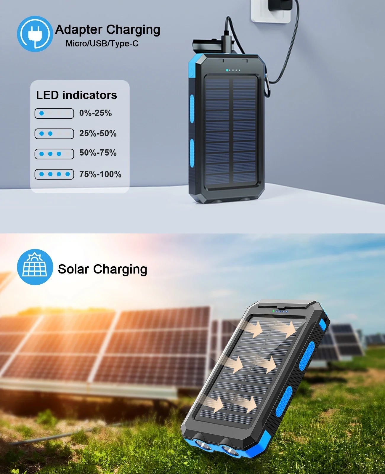 Solar power bank 50000mAh with built-in cable, lightweight and large capacity universal mobile power supply for mobile phones - Golden High-Tech