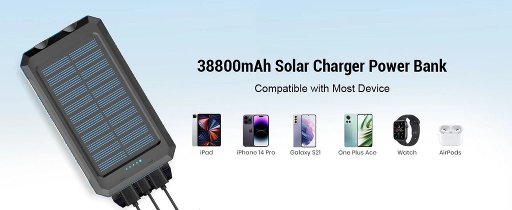 Solar power bank 50000mAh with built-in cable, lightweight and large capacity universal mobile power supply for mobile phones - Golden High-Tech
