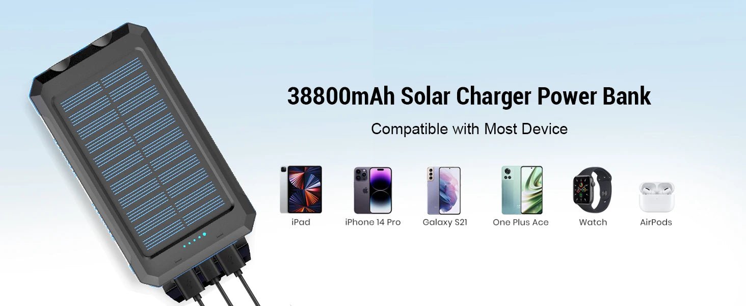 Solar power bank 50000mAh with built-in cable, lightweight and large capacity universal mobile power supply for mobile phones - Golden High-Tech