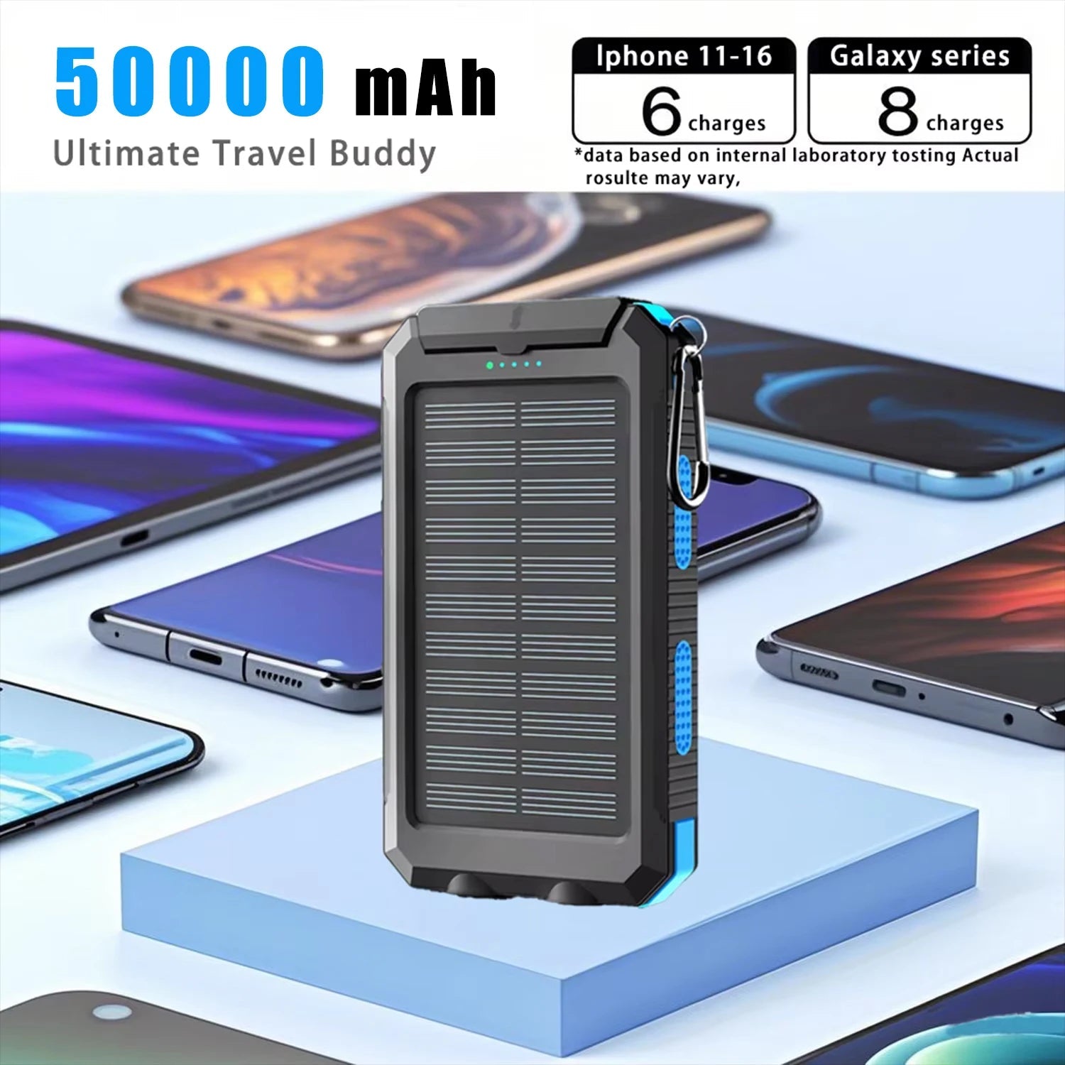 Solar power bank 50000mAh with built-in cable, lightweight and large capacity universal mobile power supply for mobile phones - Golden High-Tech