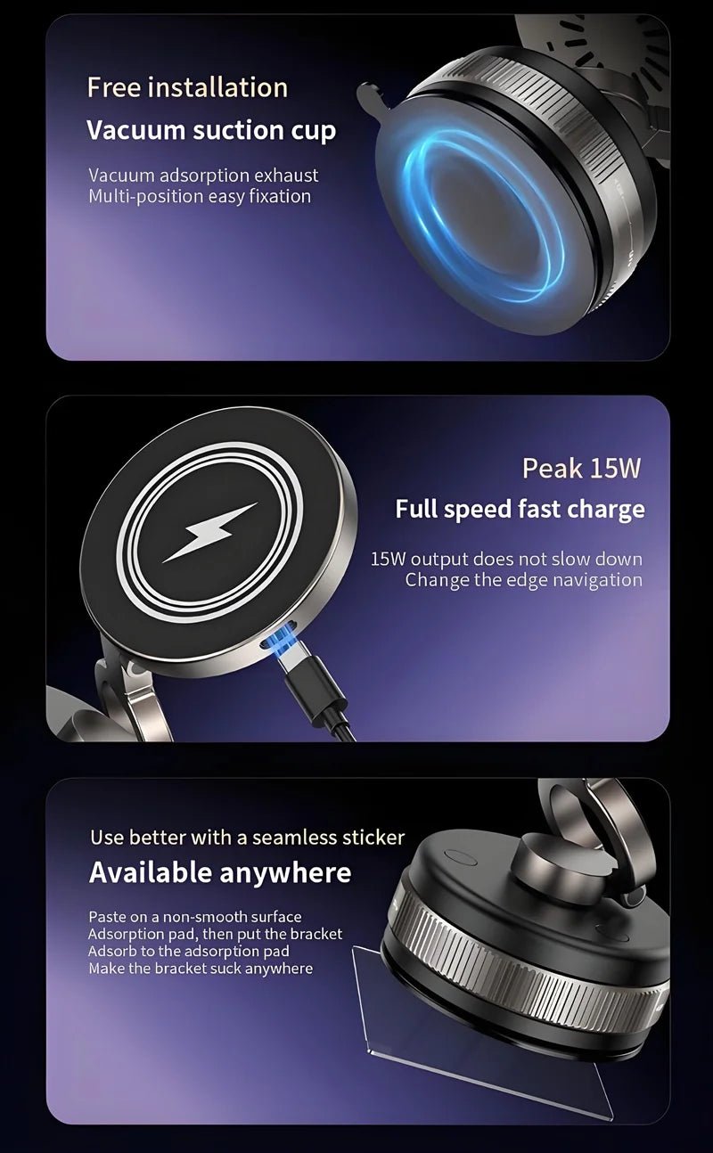 Support de chargeur sans fil magnétique à aspiration sous vide en métal 15W 360 ° Giroir compatible avec les smartphones, pour voiture, salle de bain, salle de sport - Golden High-Tech