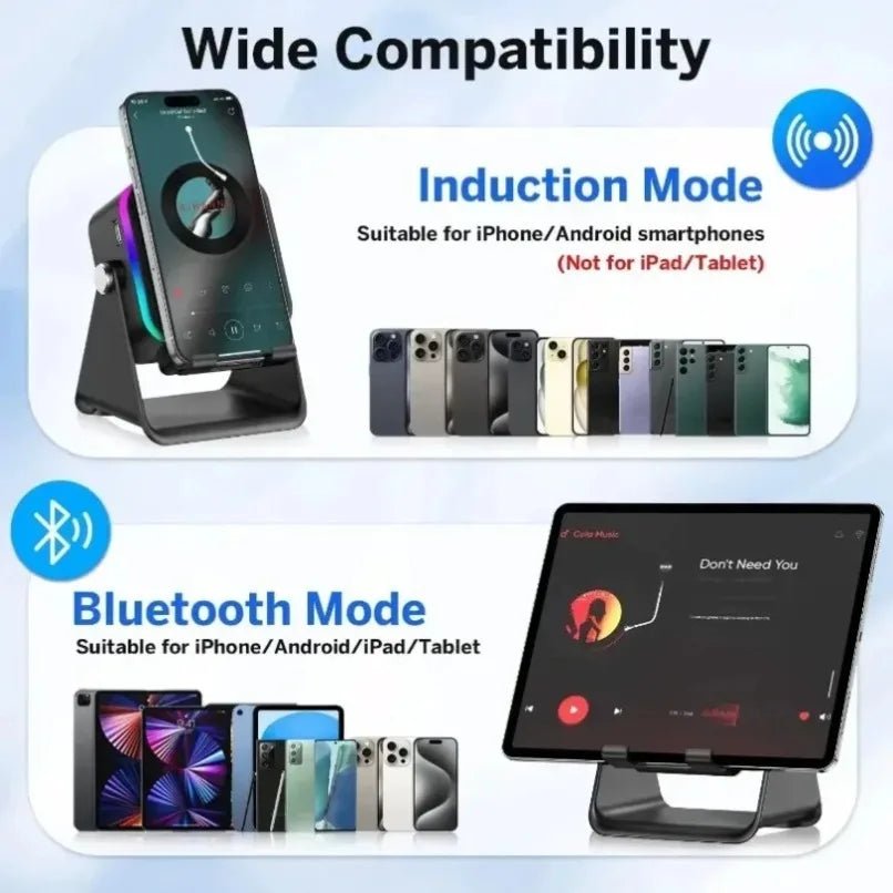 Support de téléphone réglable 2 en 1 avec haut-parleur Bluetooth et lumière RGB, support de bureau pour regarder des films, compatible avec les smartphones iPhone et Android - Golden High-Tech