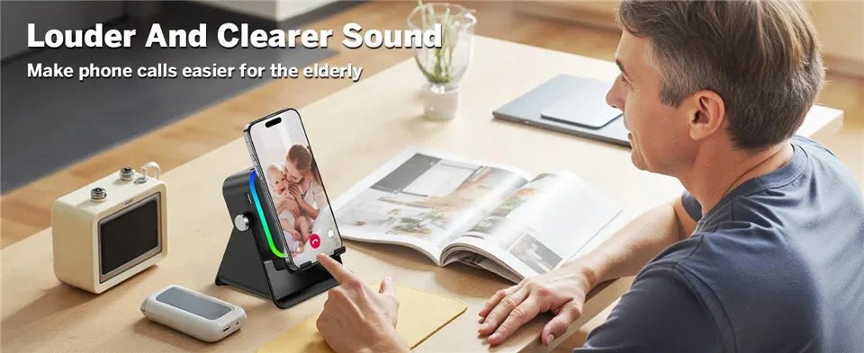 Support de téléphone réglable 2 en 1 avec haut-parleur Bluetooth et lumière RGB, support de bureau pour regarder des films, compatible avec les smartphones iPhone et Android - Golden High-Tech