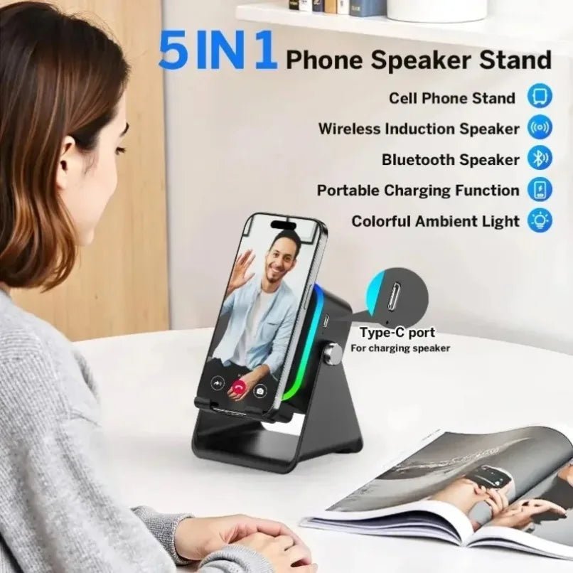 Support de téléphone réglable 2 en 1 avec haut-parleur Bluetooth et lumière RGB, support de bureau pour regarder des films, compatible avec les smartphones iPhone et Android - Golden High-Tech
