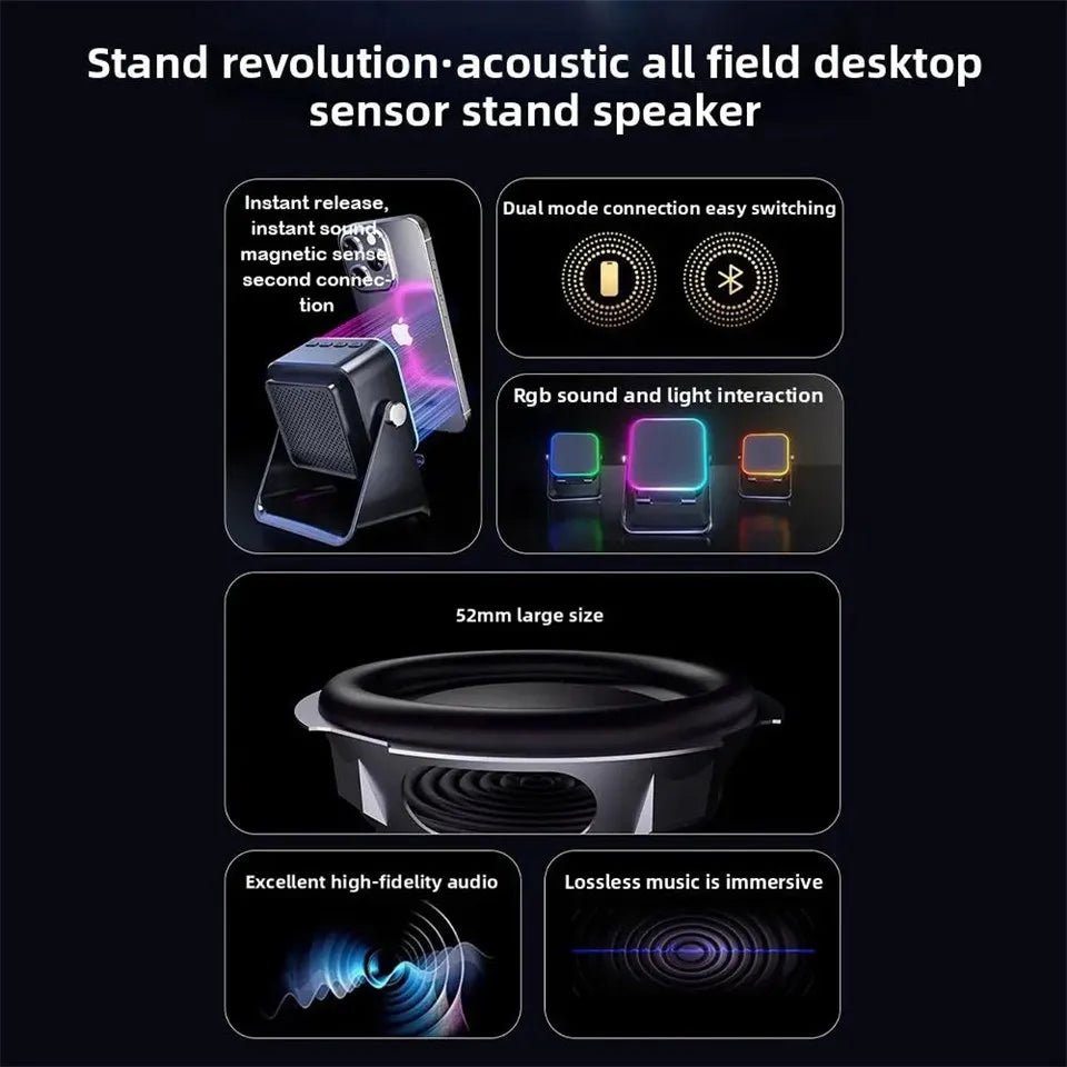 Support de téléphone réglable 2 en 1 avec haut-parleur Bluetooth et lumière RGB, support de bureau pour regarder des films, compatible avec les smartphones iPhone et Android - Golden High-Tech