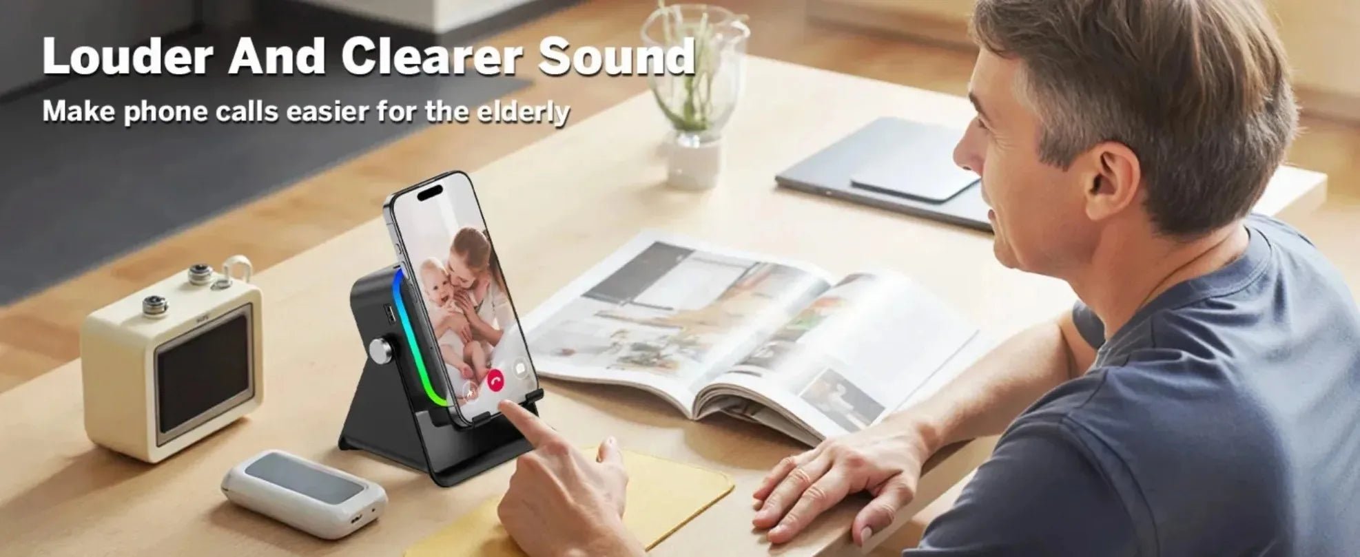 Support de téléphone réglable 2 en 1 avec haut-parleur Bluetooth et lumière RGB, support de bureau pour regarder des films, compatible avec les smartphones iPhone et Android - Golden High-Tech