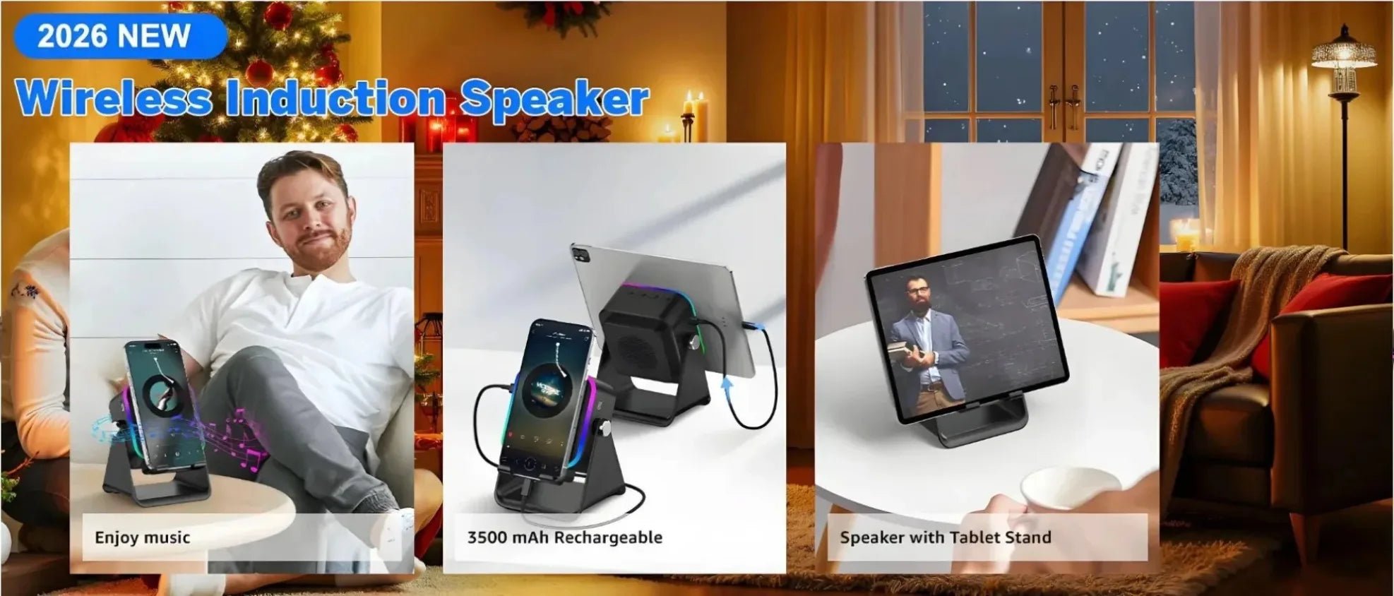 Support de téléphone réglable 2 en 1 avec haut-parleur Bluetooth et lumière RGB, support de bureau pour regarder des films, compatible avec les smartphones iPhone et Android - Golden High-Tech