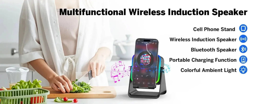 Support de téléphone réglable 2 en 1 avec haut-parleur Bluetooth et lumière RGB, support de bureau pour regarder des films, compatible avec les smartphones iPhone et Android - Golden High-Tech