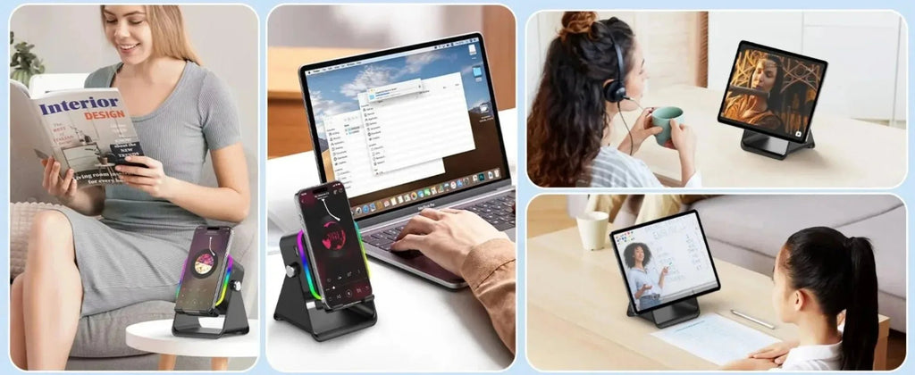 Support de téléphone réglable 2 en 1 avec haut-parleur Bluetooth et lumière RGB, support de bureau pour regarder des films, compatible avec les smartphones iPhone et Android - Golden High-Tech
