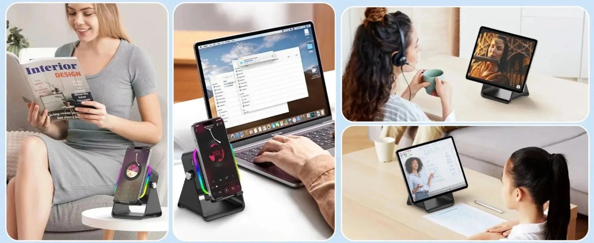 Support de téléphone réglable 2 en 1 avec haut-parleur Bluetooth et lumière RGB, support de bureau pour regarder des films, compatible avec les smartphones iPhone et Android - Golden High-Tech
