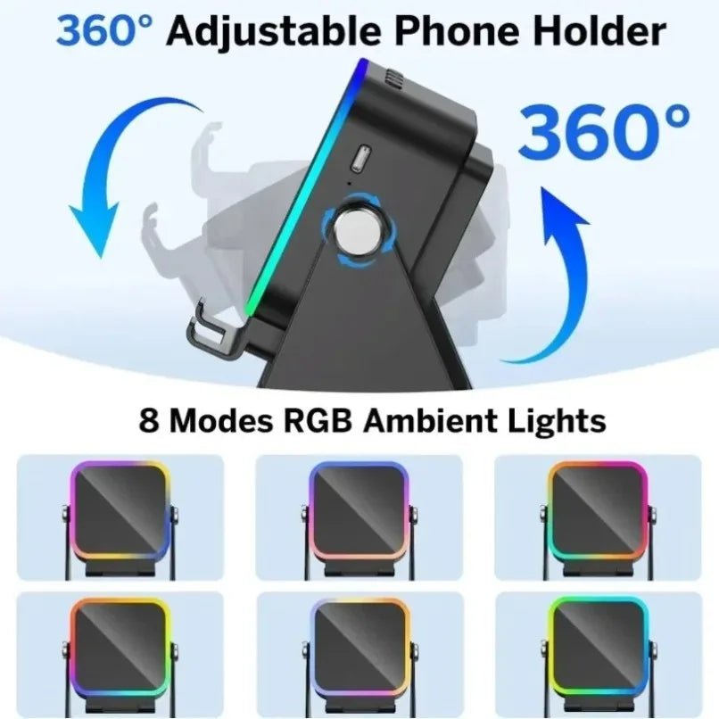 Support de téléphone réglable 2 en 1 avec haut-parleur Bluetooth et lumière RGB, support de bureau pour regarder des films, compatible avec les smartphones iPhone et Android - Golden High-Tech