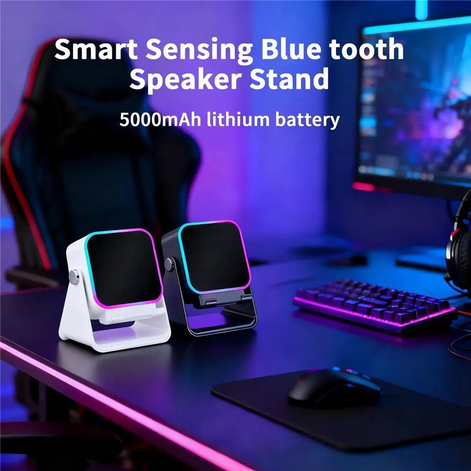 Support de téléphone réglable 2 en 1 avec haut-parleur Bluetooth et lumière RGB, support de bureau pour regarder des films, compatible avec les smartphones iPhone et Android - Golden High-Tech