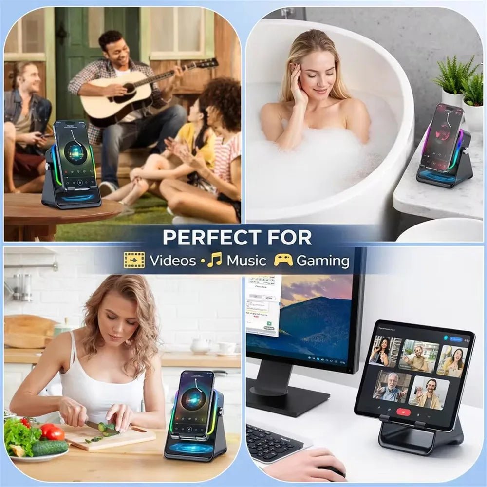 Support de téléphone réglable 2 en 1 avec haut-parleur Bluetooth et lumière RGB, support de bureau pour regarder des films, compatible avec les smartphones iPhone et Android - Golden High-Tech