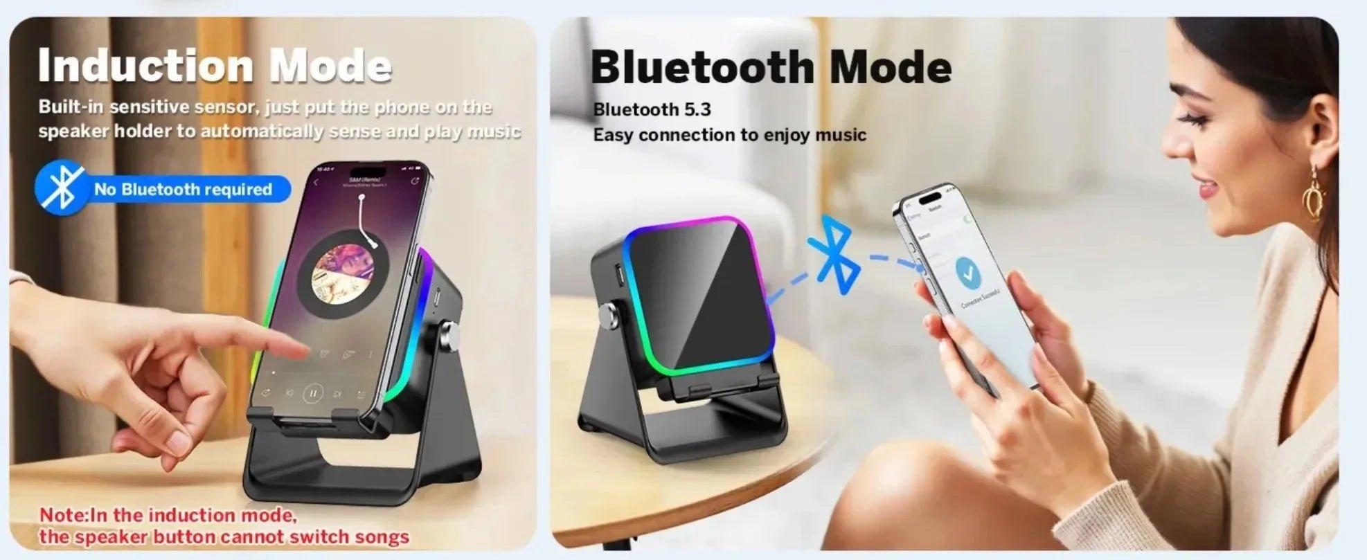 Support de téléphone réglable 2 en 1 avec haut-parleur Bluetooth et lumière RGB, support de bureau pour regarder des films, compatible avec les smartphones iPhone et Android - Golden High-Tech