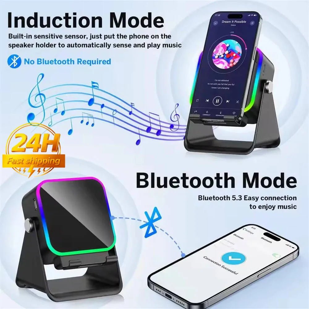 Support de téléphone réglable 2 en 1 avec haut-parleur Bluetooth et lumière RGB, support de bureau pour regarder des films, compatible avec les smartphones iPhone et Android - Golden High-Tech