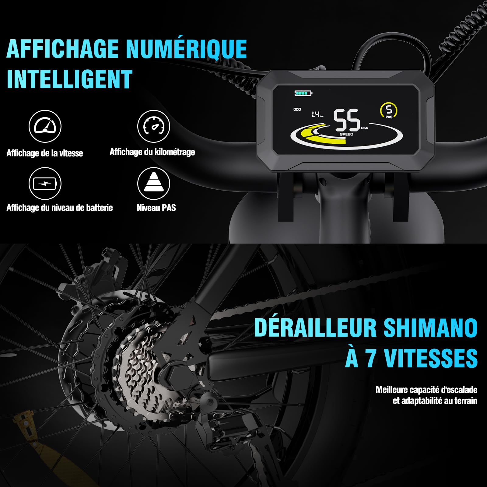 YVY Vélo Électrique, Batterie Amovible 20/40Ah, Autonomie 120km/150km/300km, Fat Bike Électrique, VTT Électrique 7 Vitesses, E-Bike Double Suspension, Double Disque, Écran LCD - Golden High-Tech