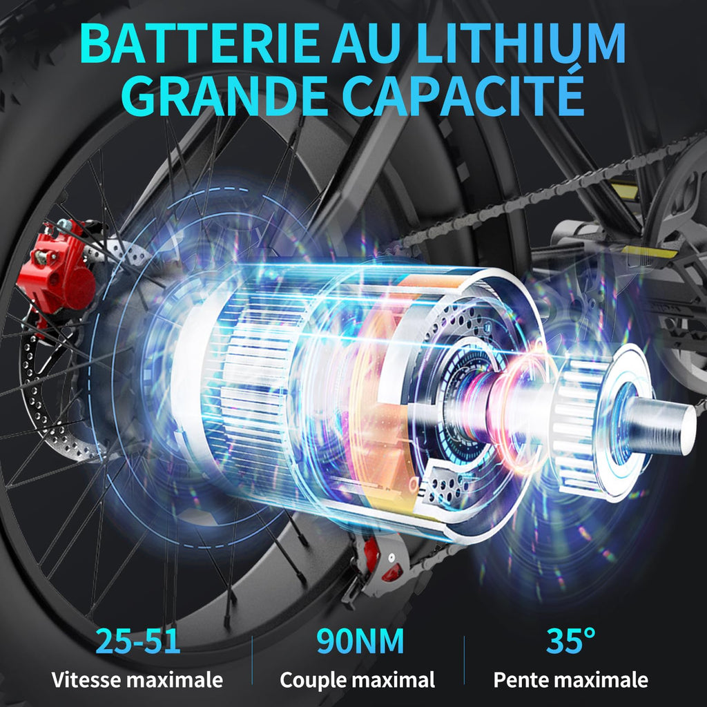 YVY Vélo Électrique, Batterie Amovible 20/40Ah, Autonomie 120km/150km/300km, Fat Bike Électrique, VTT Électrique 7 Vitesses, E-Bike Double Suspension, Double Disque, Écran LCD - Golden High-Tech