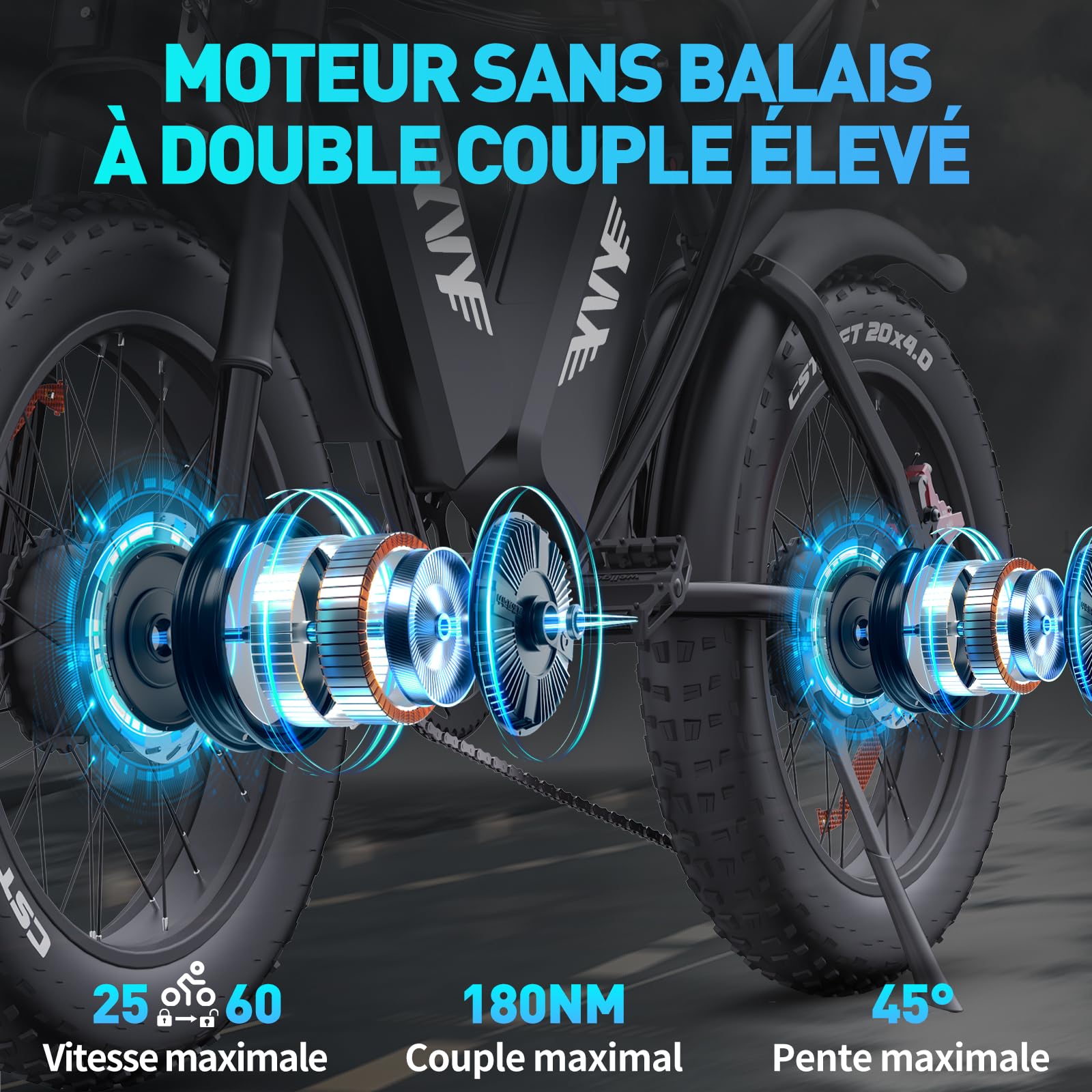 YVY Vélo Électrique, Batterie Amovible 20/40Ah, Autonomie 120km/150km/300km, Fat Bike Électrique, VTT Électrique 7 Vitesses, E-Bike Double Suspension, Double Disque, Écran LCD - Golden High-Tech