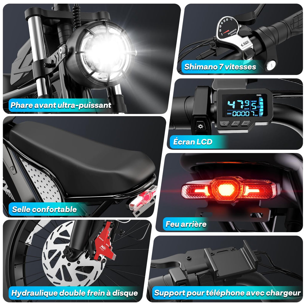 YVY Vélo Électrique, Batterie Amovible 20/40Ah, Autonomie 120km/150km/300km, Fat Bike Électrique, VTT Électrique 7 Vitesses, E-Bike Double Suspension, Double Disque, Écran LCD - Golden High-Tech
