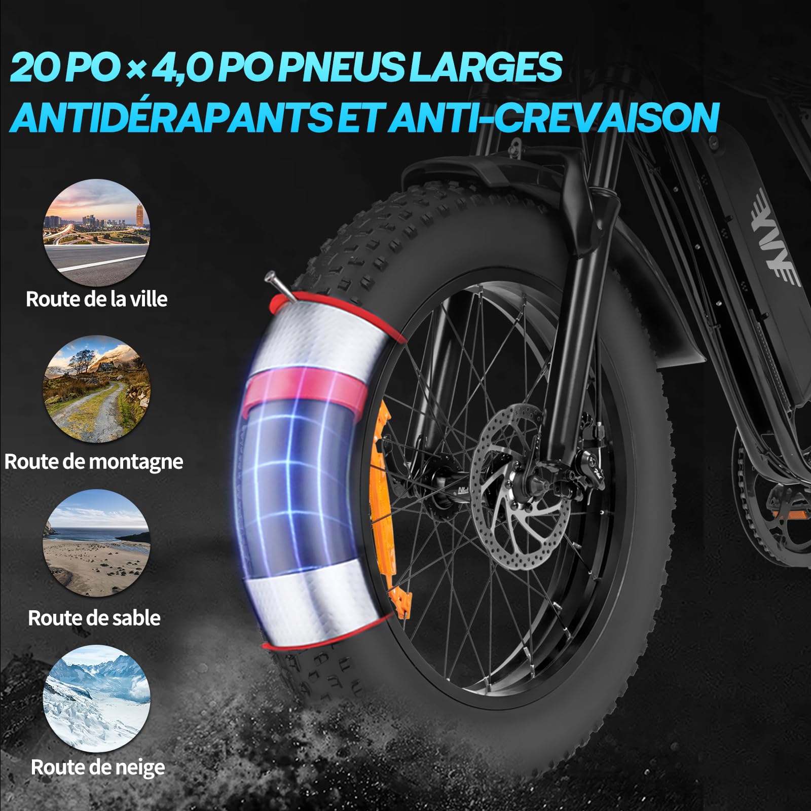 YVY Vélo Électrique, Batterie Amovible 20/40Ah, Autonomie 120km/150km/300km, Fat Bike Électrique, VTT Électrique 7 Vitesses, E-Bike Double Suspension, Double Disque, Écran LCD - Golden High-Tech