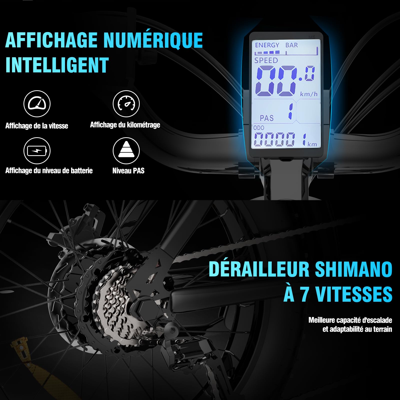 YVY Vélo Électrique, Batterie Amovible 20/40Ah, Autonomie 120km/150km/300km, Fat Bike Électrique, VTT Électrique 7 Vitesses, E-Bike Double Suspension, Double Disque, Écran LCD - Golden High-Tech